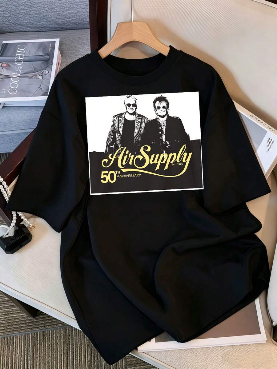 2026 T-Shirt, Unisex Air Supply Concert 2025 T-Shirt, Air Supply Casual, Air Supply Anniversary, Air Supply 50th Anniversary, Cool T-Shirt, Air Supply 1975 T-Shirt, Air Supply 50th Anniversary Printed T-Shirt, Retro Rock Style Short Sleeve Cotton T-Shirt. Retro Style Oversized K-Pop Idol T-Shirt, Vintage Graphic Print T-Shirt, Casual Short Sleeve Top, K-Pop Fan Merchandise, Black Streetwear T-Shirt For Fans, Vintage K-Pop Star Graphic Print T-Shirt, Oversized Short Sleeve T-Shirt With Retro Letter Print, Casual Black Crew Neck Top, Streetwear Style Idol Fan Gift, Comfortable Loose Fit Cotton Blend T-Shirt For Women And Men. - Black - View 1