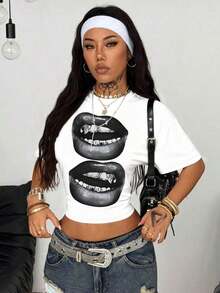 Camiseta corta de mujer con hombros caídos y rayas - Blanco - Ver 6
