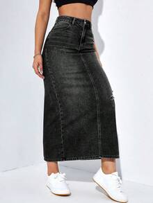Falda larga de mezclilla desgastada para mujer - Negro 2 - Ver 5