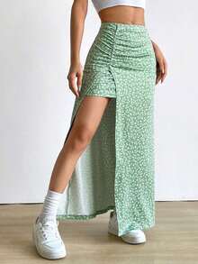 Falda larga con diseño floral pequeño y abertura en el dobladillo - Verde - Ver 5