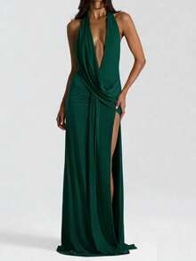 Women's Elegant Yellow V-Neck Sleeveless Ruched Open Back High Slit Dress, Suitable For Party And Evening Wear, Spring/Summer Wedding - Dark Green - View 13