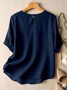 2026 Nueva camisa de verano para mujer, camisa casual de color naranja con parches, ribete de encaje teñido, mangas abullonadas, corte holgado, cuello redondo, manga corta, camisa de mujer con parches de encaje teñido, camisa naranja de mujer, camisa de mujer con ribete de encaje y parches, atuendo de primavera - Azul marino - Ver 2