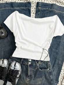 Camiseta de manga corta ajustada con hombros descubiertos y pliegues en la cintura, con estampado de limón, adecuada para el verano - Blanco 3 - Ver 3