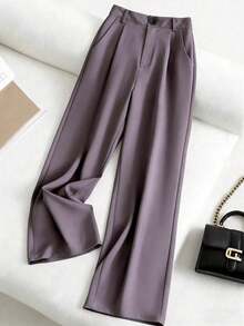 Pantalones casuales de mujer de unicolor con bolsillo oblicuo y pliegues - Púrpura polvoriento - Ver 6
