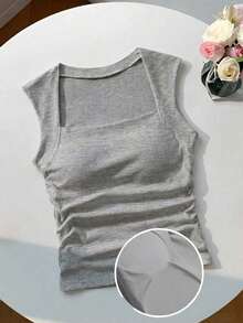 Camiseta sin tirantes con cuello cuadrado, cintura fruncida y sujetador acolchado sin aros - Gris Claro - Ver 10