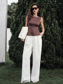 Camisa sin mangas con lazo en la espalda de unicolor, elegante, casual, sexy y minimalista para uso en la oficina y negocios para mujeres, primavera/verano - Marrón Chocolate - Ver 8