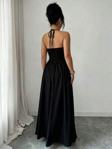 Vestido largo con abertura, escote en V, estampado floral, espalda elástica, diseño elegante y casual para uso diario, vacaciones y días festivos - Negro - Ver 2