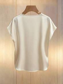 Blusa elegante de mujer con mangas de murciélago en color champán, cuello redondo decorado con perlas y manga corta, de tela de satén, adecuada para ir a trabajar y uso diario elegante - Champán - Ver 2