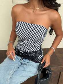 Top bandeau de satén mate con ribete de encaje, de moda casual de verano para playa y resort para mujer - Blanco y Negro - Ver 8