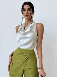 Blusa de mujer simple y elegante en tono albaricoque con cuello en V y corbata en la cintura. - Albaricoque 2 - Ver 6