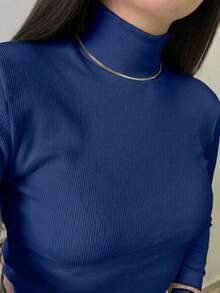 Women's Plush Ribbed Blouse Long Sleeve High Neck Basic Casual Modern Thermic Black S,M,L,XL - Navy Blue - View 2