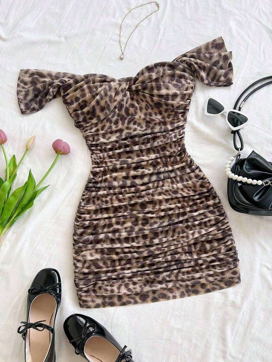 Vestido mini ajustado de punto con escote de hombros descubiertos, para vacaciones - Marrón Chocolate - Ver 1