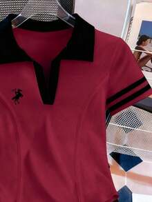 Camiseta de mujer casual de manga corta con cuello polo, estampado de caballero a rayas y contraste de color - Rojo - Ver 4