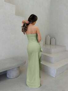 Vestido de dama de honor de boda de verano, vestido largo blanco con pliegues, abertura alta, volantes y tiras para fiesta, sin mangas y sin tirantes, sexy - verde menta - Ver 2