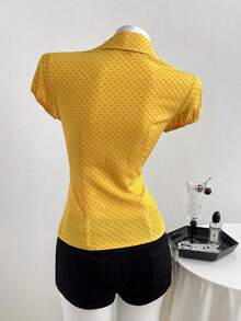 Camisa de mujer con cuello en V, cintura fruncida y manga corta, color blanco, para primavera/verano - Amarillo - Ver 2