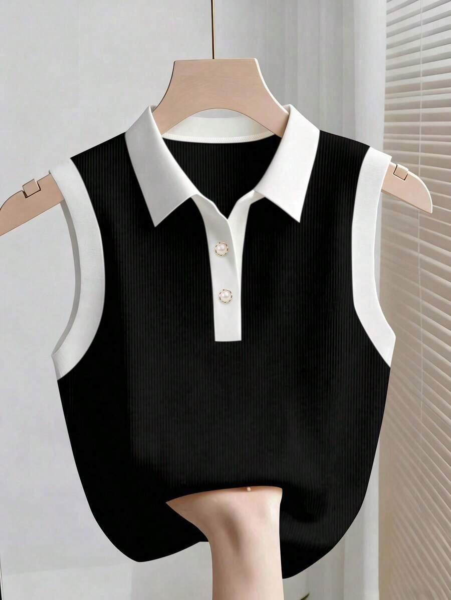Parte superior sin mangas de contraste de color versátil casual para mujer, top blanco y negro, blusas de verano para mujer, blusas lindas y preppy, top de punto de verano sin mangas, camisa polo de punto para mujer, blusas de punto de verano par - Blanco y Negro 2 - Ver 1