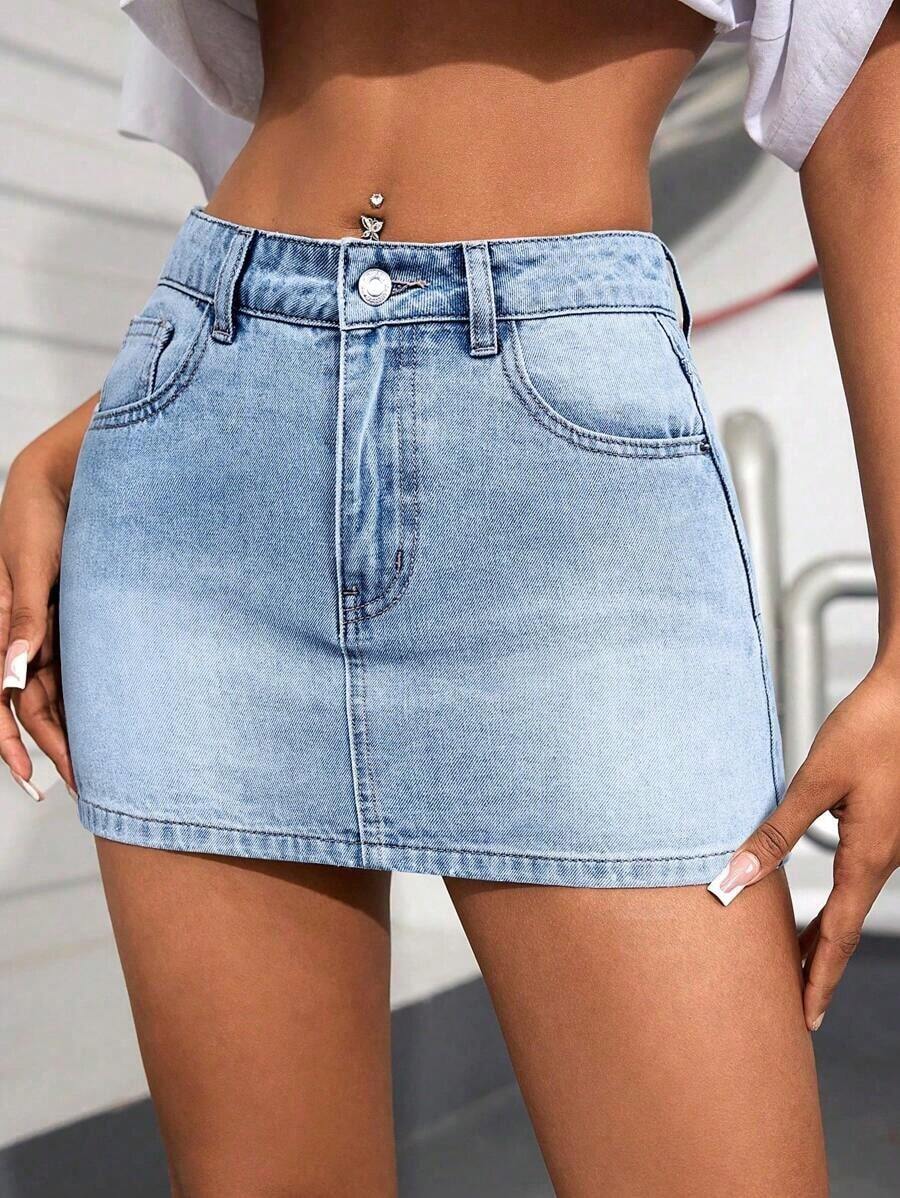 Minifalda vaquera casual de uso diario para mujer con bolsillos y botones - Lavado ligero - Ver 1