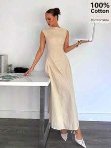 Vestido Largo con Cierre y Decoración Metálica para Mujer , Nuevo Vestido de Noche Elegante Negro de Verano para Eventos Formales - Albaricoque - Ver 2