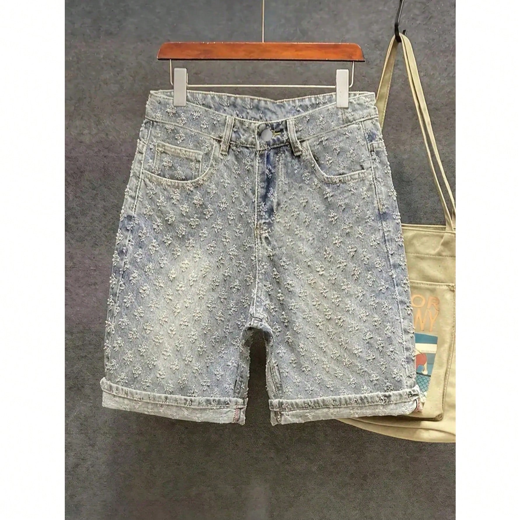 Pantalones cortos de mezclilla casuales con bolsillo de ganchillo para hombres