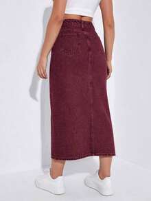Falda vaquera larga con abertura de moda casual para mujer - Burdeos - Ver 2