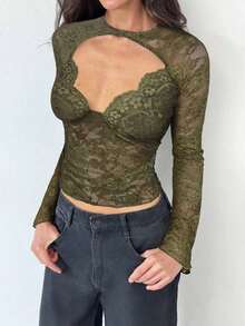 Blusa de manga larga con cuello en V profundo, transparente y con detalles de encaje negro para mujeres - Verde militar - Ver 4
