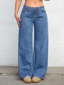 ICON Solid Color Wide Leg Pocket Jeans, Casual And Versatile - Medium Wash Blue 5 - View 2