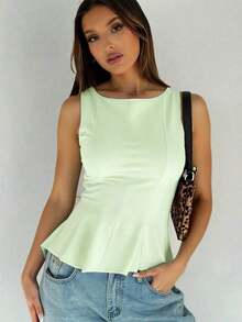 1 pieza Blusa informal de punto de unicolor con volante, verano - verde pálido - Ver 1