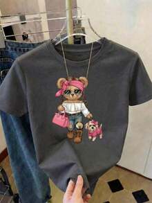 Women's Casual Short Sleeve T-Shirt, Black, With Round Neck And Graphic Print Of Bears And Dogs, Regular Fit, Polyester Top For Autumn Fashion - 深灰色 - 查看 2