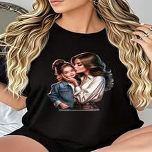 Casual Women's Black Cotton Short Sleeve Round Neck T-Shirt with Lovely Mother and Daughter Print Regular Fit Top - Negro - Ver 1