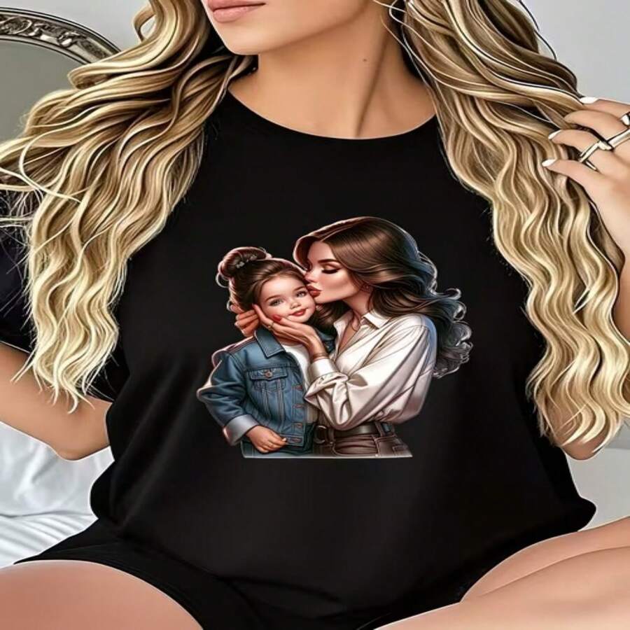Casual Women's Black Cotton Short Sleeve Round Neck T-Shirt with Lovely Mother and Daughter Print Regular Fit Top - Negro - Ver 1