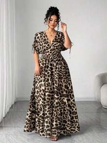 Elenzya Vestido maxi elegante de talla grande para mujer con cuello en V, estampado de leopardo, manga corta fruncida y falda acampanada - Marrón - Ver 5