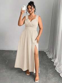 Elenzya Vestido línea A con cuello en V, contraste de encaje, tirantes finos y abertura para tallas grandes - Albaricoque - Ver 9