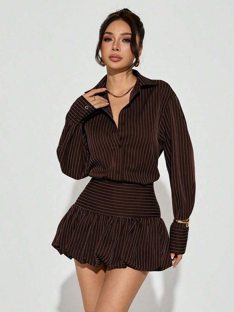 PETITE Conjunto casual para mujer, atuendos de otoño para mujer, falda de burbujas marrón y blusas, rayas marrones - Marrón - Ver 1