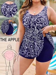 Swim Lushoire Conjunto de tankini de 2 piezas con estampado aleatorio para mujer talla grande, con cordón delantero para control del abdomen, diseño minimalista para playa y resort - Multicolor 4 - Ver 7