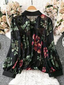 Blusa minimalista de unicolor transparente con cuello vuelto, blusas de manga larga - Negro 2 - Ver 2