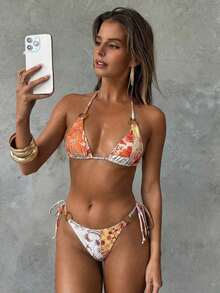 Conjunto de bikini con estampado de teñido anudado para mujer, traje de baño de mujer con decoración de concha iridiscente sexy para fiestas y festivales de música, atuendo de playa de vacaciones para mujer - Multicolor 3 - Ver 3