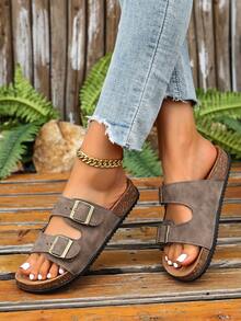 Women's Suede Leather Mule Clogs With Soft Cork Insole, Open Toe Flat Summer Sandals, Slip-On Beach Shoes, Plus Size Brown Khaki Casual Sandals - Khaki - View 3