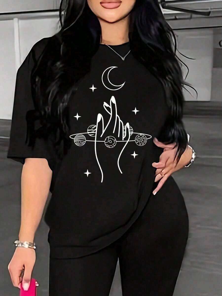 Camiseta de algodón con estampado casual de moda para mujer - Negro - Ver 1