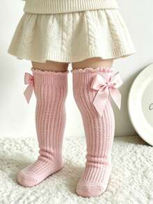 1 Pair Girls' Mesh Bow Knee High Socks, Breathable Non-Sweating Calf Length Socks - Baby Pink - View 3