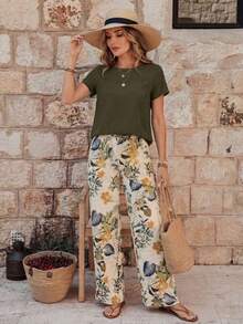 Set de 2 piezas de top de cuello redondo casual y pantalones sueltos para mujer, conjunto versátil adecuado para primavera y otoño - Multicolor 6 - Ver 6