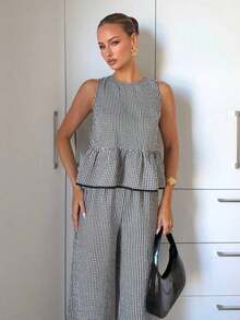 Conjunto informal de 2 piezas de mujer con camiseta de tirantes y pantalones con estampado de cuadros, para verano - Blanco y Negro - Ver 6