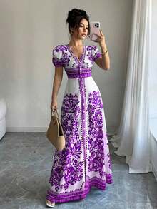Nuevo vestido corto azul y blanco con mangas abullonadas, escote en V y cinturón, elegante y refinado estilo del Medio Oriente - Morado - Ver 7