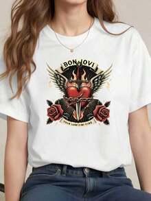 Camiseta Minimalista Bon Jovi Heart Sword Wings Otoño, Algodón Premium, Cuello Redondo, Corte Holgado, Cómoda e Informal, Camiseta de Mujer de Color Sólido Simple, Ajuste Holgado y Delgado, Manga Corta Casual - Blanco - Ver 1