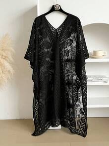 Women's Floral Lace V-Neck Kimono Cover-Up Sheer Mesh Long Bohemian Beach Vacation Robe Shawl Casual Everyday Wear Available In Multiple Colors One Size - màu đen - Xem 7