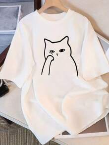 Camiseta de manga corta de algodón puro para mujer con estampado de diseño único, nuevo estilo de verano 2025, corte holgado, top adelgazante para estudiantes. - Blanco - Ver 4