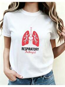 Women's Short-Sleeved Crew Neck T-Shirt, Suitable For Respiratory Therapists, Casual Top With Gray Lung And Stethoscope Design, Perfect For Spring And Autumn, Comfortable And Casual, Printed Crew Neck T-Shirt For All Seasons. - 白色 - 查看 7