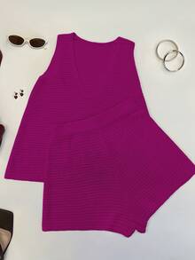 Women's Knit Sexy Top And Shorts Set, Suitable For Daily Wear, Vacation, Japanese Style - Hot Pink - View 4