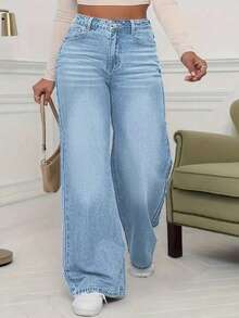 Women's Mid Waist Non Elastic Casual Loose Straight Leg Denim Pants Suitable For Daily Commuting And Home Wear - Light Blue - View 1