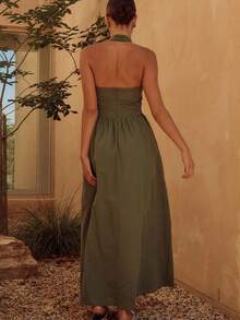 Vestido verano elegante tirantes anchos diseño halter espalda descubierta estilo moderno y chic para mujer moda europea - Verde Oscuro - Ver 3