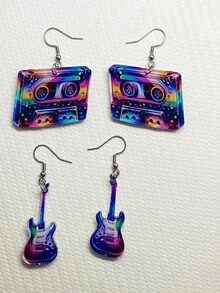1 par de pendientes acrílicos con diseño 2D de guitarra y cinta de casete de colores - Estilo retro hip-hop, adecuados para festivales de música y fiestas, regalo perfecto para fans, pendientes novedosos - Multicolor - Ver 4
